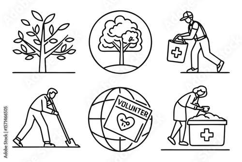 Volunteer and charity work icons with trees and helping people