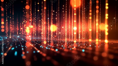 Energetic digital backdrop with falling orange particles and blue reflections video
