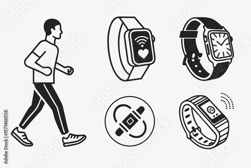A man jogging with various smartwatch icons isolated on white background