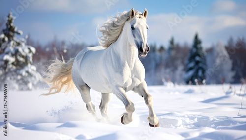 White horse galloping through snowfield – dynamic and beautiful winter scene/ 雪原を駆け抜ける白馬 – 躍動感あふれる美しい冬の風景