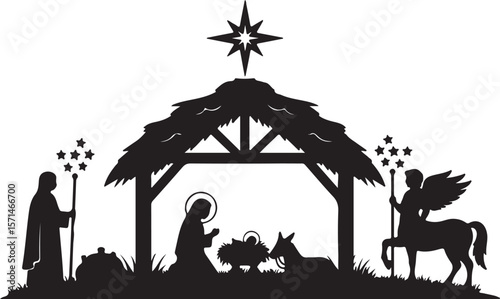 Holy family nativity scene vector silhouette with deer and other wild animals in a moonlit forest landscape illustration at Christmas