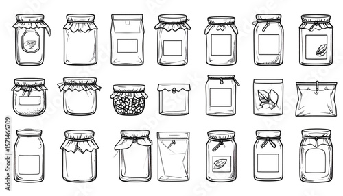 A collection of hand-drawn illustrations depicting various glass jars and paper bags, ideal for packaging food products or homemade preserves.
