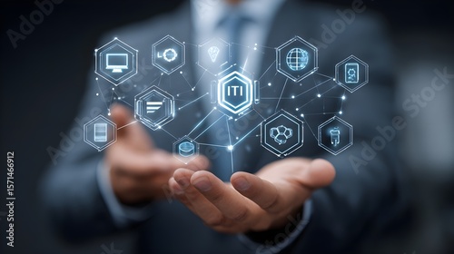 IT Consulting. Businessman holds digital consulting network connecting icon representing IT solutions, focusing on innovation, strategy, optimization, growth, and technology-driven success	