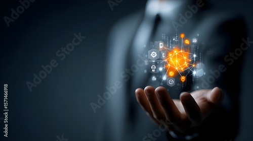 IT Consulting. Businessman holds digital consulting network connecting icon representing IT solutions, focusing on innovation, strategy, optimization, growth, and technology-driven success	