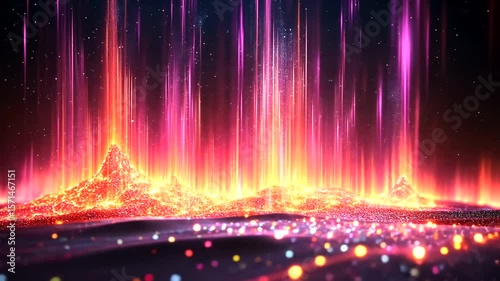 Energetic Light Beams Ascend from Glowing Formations in a Sci-Fi Landscape