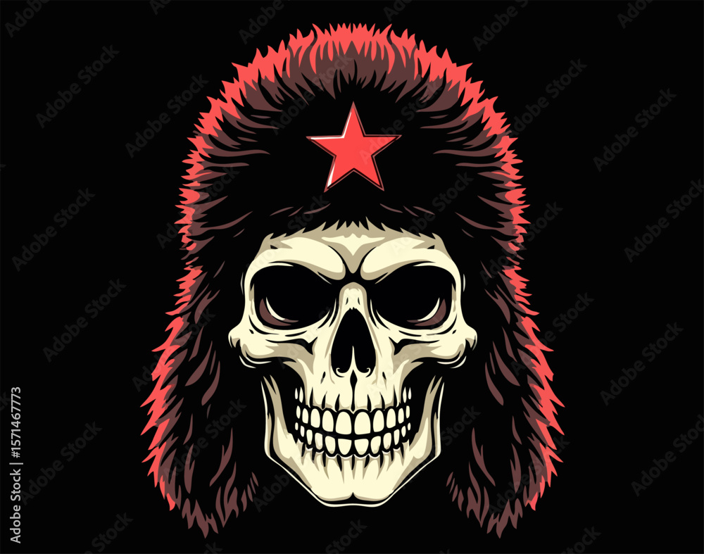 Obraz premium Biker vector t-shirt design with human skull with furry hat with earflaps and red star on black background. Fashionable print for fabric, paper, men clothing, hoodie, jacket. T shirt template.