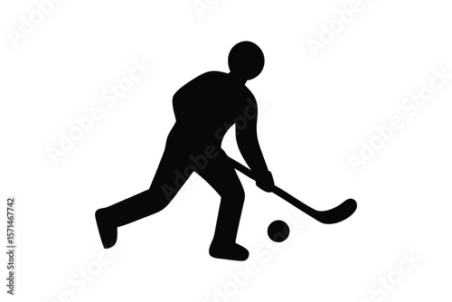 A silhouetted figure of a hockey player in a dynamic pose, bending forward while gripping a hockey stick. The player is poised to hit a puck on the ground, with one leg extended and the other slightly