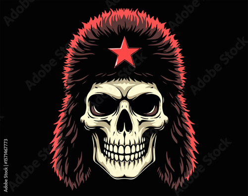 Biker vector t-shirt design with human skull
with furry hat with earflaps and red star on 
black background.
Fashionable print for fabric, paper, men clothing,
hoodie, jacket. T shirt template.