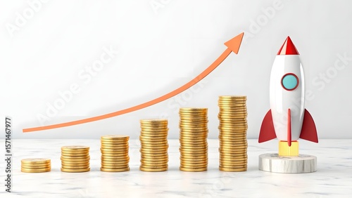 Growth Concept With Rocket And Stacks Of Coins On A Marble Surface