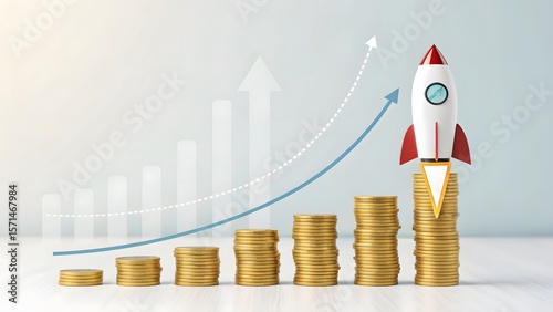 Business Growth Concept with Rocket and Coins on White Background