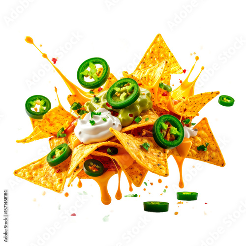 Exploding Nachos With Cheese Guacamole And Jalapenos On Transparent Background Isolated Transparent Background