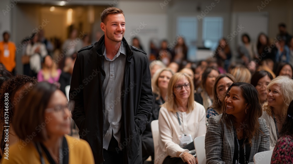 Fototapeta premium Engaging speaker interacts with an audience of enthusiastic women during a conference event in a large hall