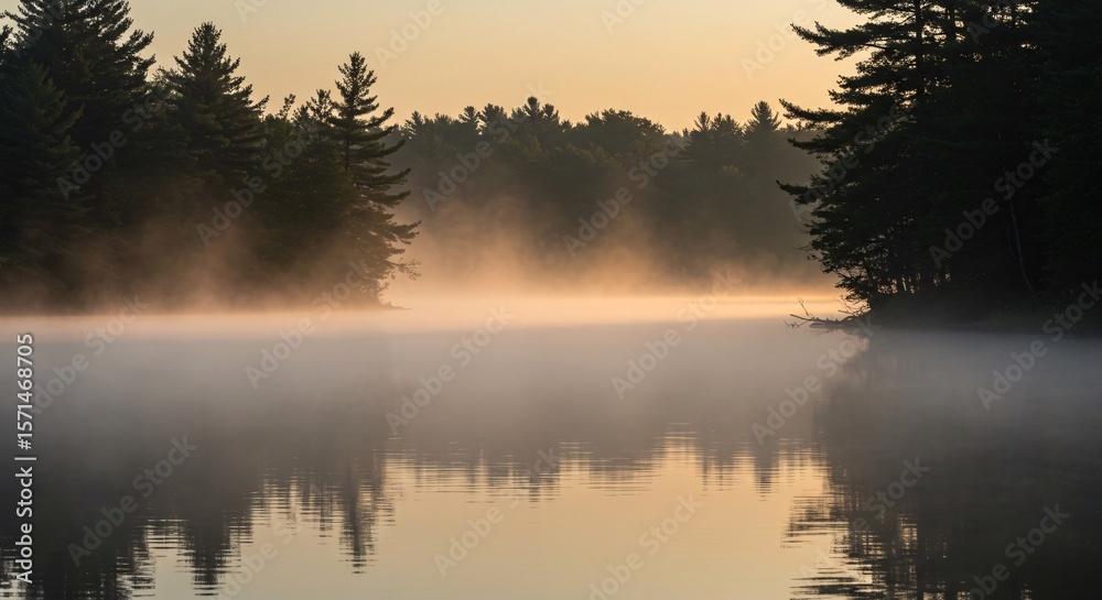 Fototapeta premium Serene morning lake with mist and reflections creating a tranquil landscape scene