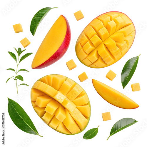 Set of mango cubes and mango slices isolated on transparent background