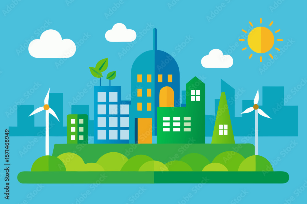 Fototapeta premium Green Eco City Concept With Solar Panels Wind Turbines