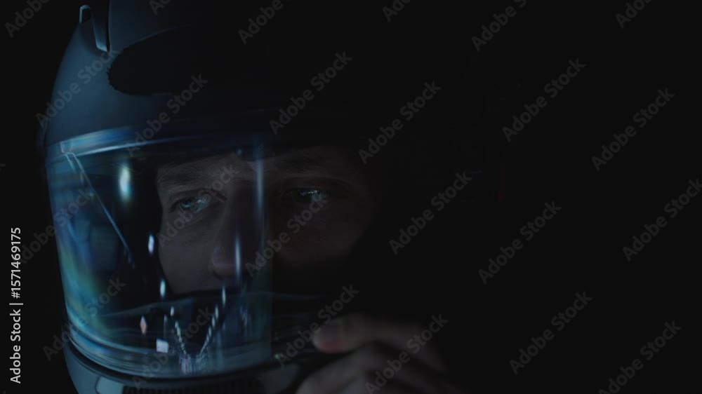 Man Lowering Helmet Visor While Riding in the Dark with Tunnel Lights Reflected on the Surface, Close-Up Side View, Night Ride Concept
