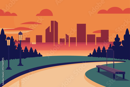 Sunset Illustration Of A City Park Pond With Paved Path