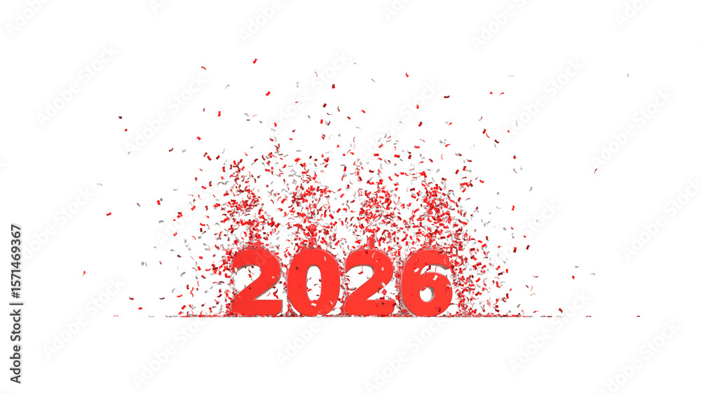Obraz premium texte 2026 argenté avec deux jets de confettis rouges et argentés - illustration 3D pour le nouvel an sur fond transparent 