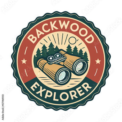 A vintage badge design for a backwood explorer, featuring prominent binoculars.