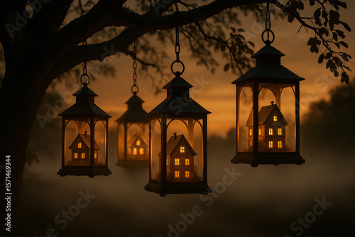 Fantasy Mini Landscapes of Lantern Tree Village Hanging From a Branch