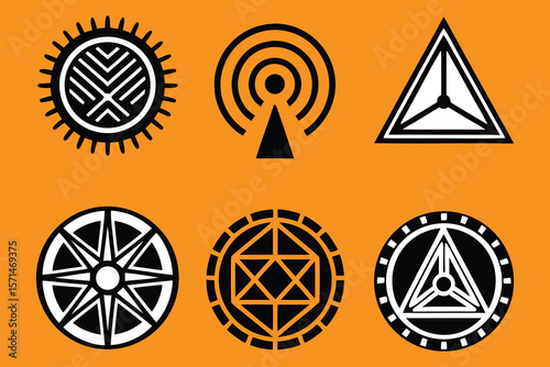 Collection of geometric shapes in black and white on an orange background, symbol compilation