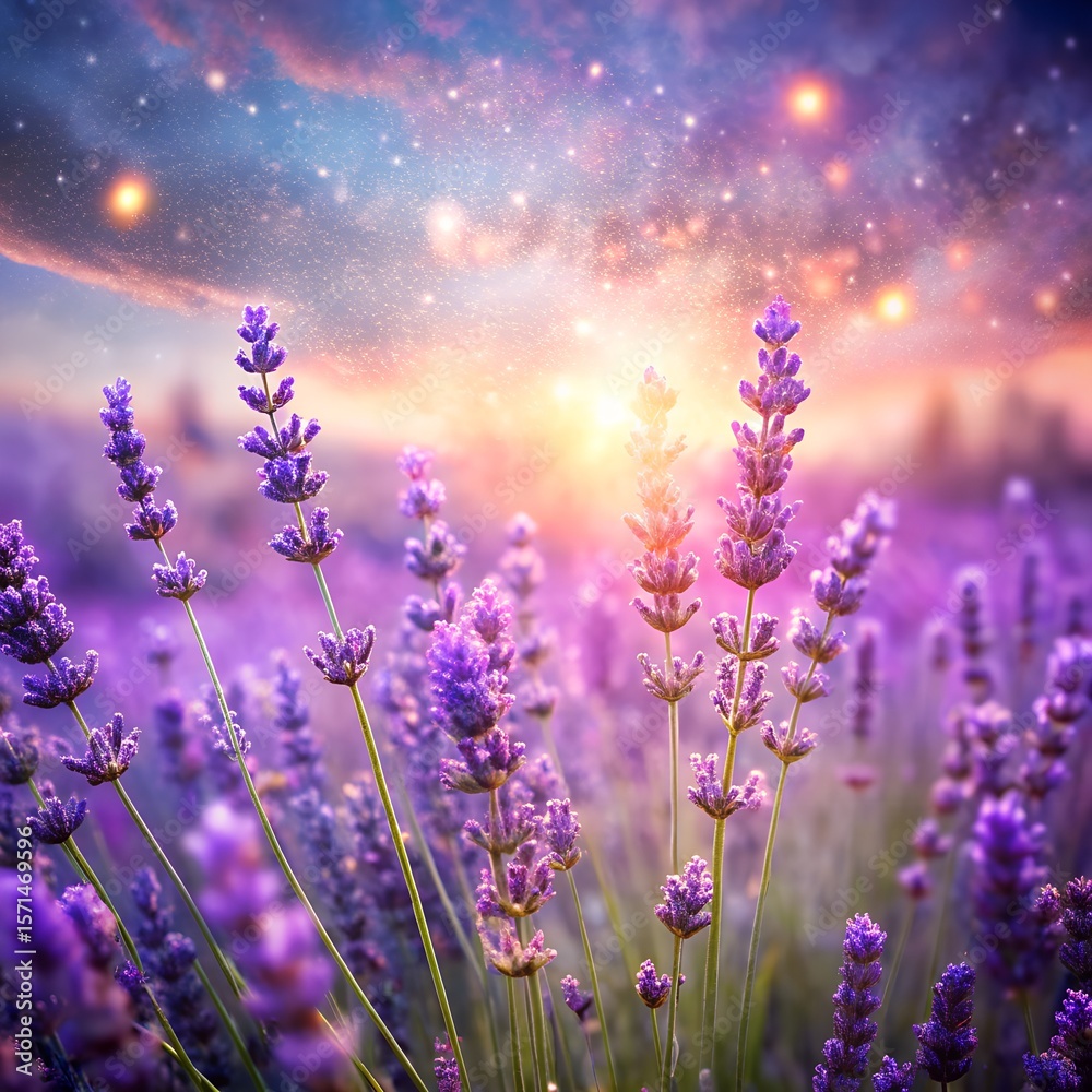 Naklejka premium Illustration of a dreamy field of lavender at sunset under a starry sky
