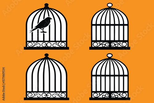 Four decorative birdcages, one containing a bird silhouette, on orange background
