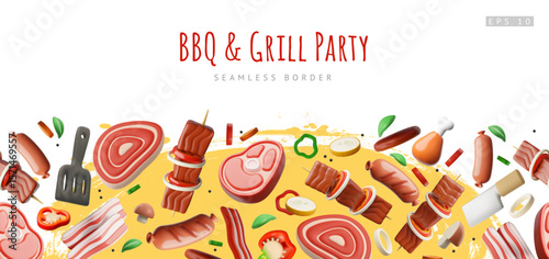 BBQ and grill party invitation 3D cartoon vector seamless border design, realistic barbecue meat, ribs, sausages