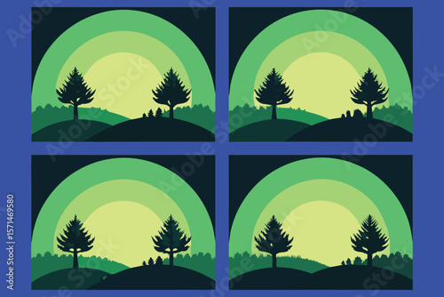 Four Panel Illustration of Evergreen Trees Silhouetted Against a Gradient Sunrise Landscape