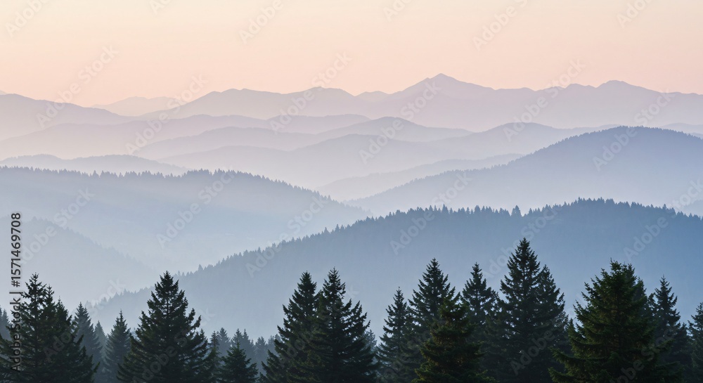 Fototapeta premium Serene mountain landscape with layers of misty ridges and evergreen forests at dusk