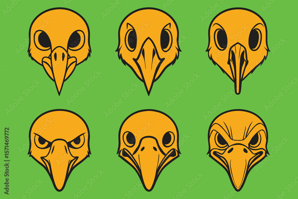 Obraz premium Various Orange and Black Bird Head Cartoon Character Designs on Green Background