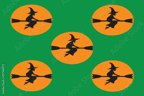 Seamless Halloween Pattern with Witch Silhouettes Flying on Broomsticks Against an Orange Moon