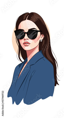 Stylish woman portrait, dark hair, sunglasses, blue blazer, elegant illustration.