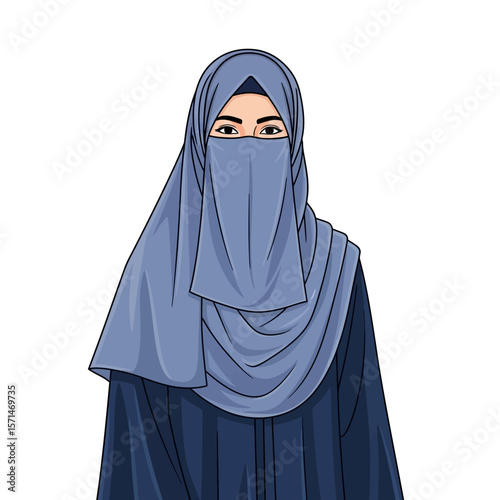 Digital illustration of a woman wearing a niqab, facing forward, with a neutral expression.