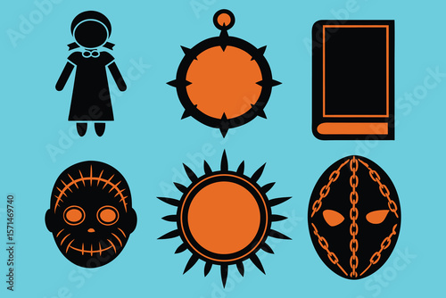 Stylized Icons Featuring Pilgrim Girl, Sun, Book, and Spiked Ball Designs