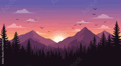 A vibrant sunset scene over mountain peaks with silhouettes of trees and birds.
