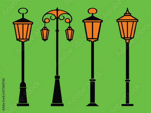 Vintage Orange and Black Street Lamp Post Collection on a Green Background