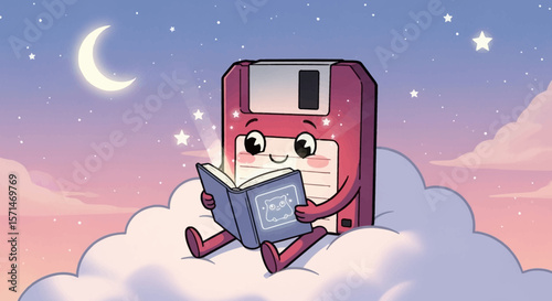 A cute floppy disk character sits on a cloud, reading a glowing book under the moonlight.
