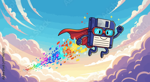 A cartoon floppy disk superhero soars through a colorful sky, leaving a trail of digital data.