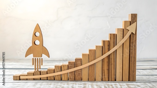 Growth Concept with Wooden Rocket and Rising Bar Chart Elements