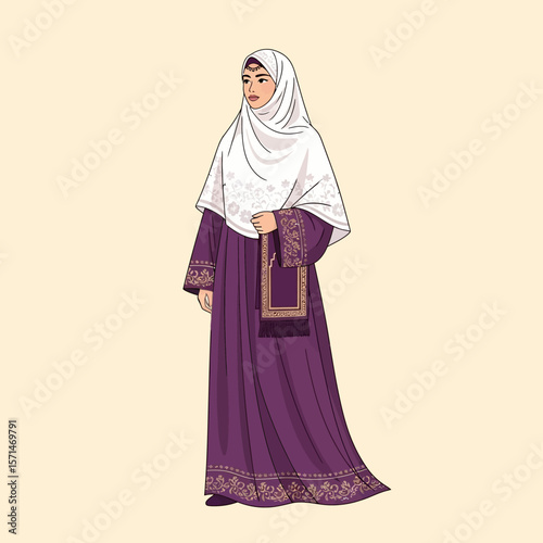 A woman in a purple dress and white hijab holds a prayer mat.
