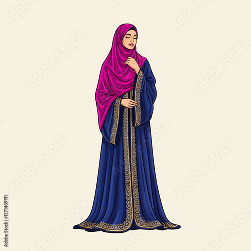 Elegant woman in a flowing blue abaya and magenta hijab, standing gracefully.