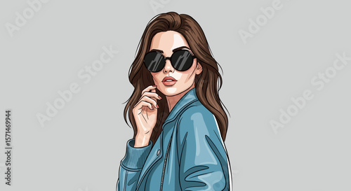 Stylish woman with sunglasses, wearing a blue jacket, striking a pose.