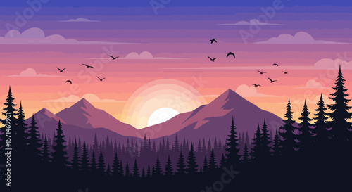 Serene sunset over majestic mountains, silhouetted against a vibrant sky, birds in flight.