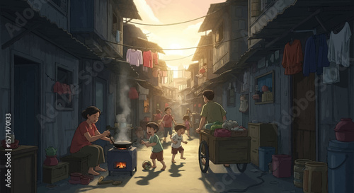 A family cooks outdoors in a narrow street, with children playing and clothes hanging overhead, bathed in warm sunlight.