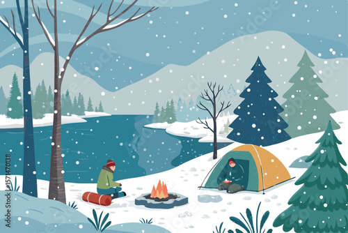 Vector art snowy camping scene, tent, winter gear, campfire, snow falling. Isolated.