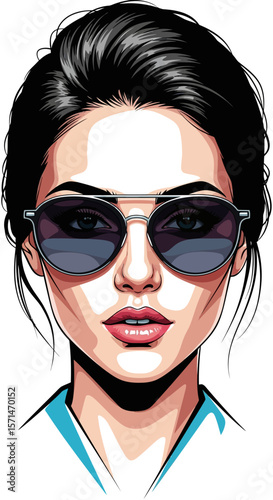 A woman with dark hair and sunglasses gazes forward, her lips slightly parted in a vector art style.