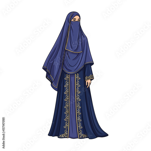 A stylized illustration of a woman wearing a traditional Muslim dress and hijab.