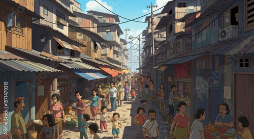 A bustling street scene depicts a crowded marketplace in a densely populated urban area with aged buildings and overhead wires.