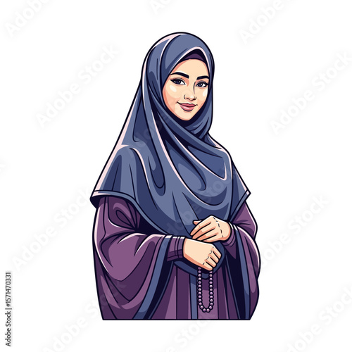 Illustration of a smiling Muslim woman wearing a hijab and holding prayer beads.